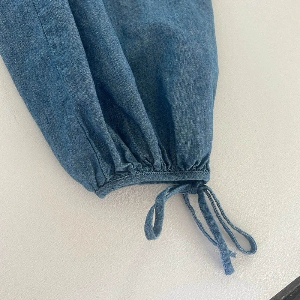 J. Crew Tie Sleeve Button Front Chambray Top with Tie Neck Detail Cotton Size L